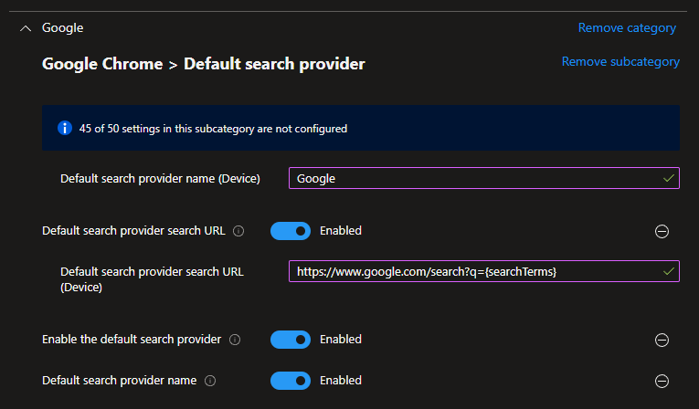 Verifying Google search provider in Edge settings